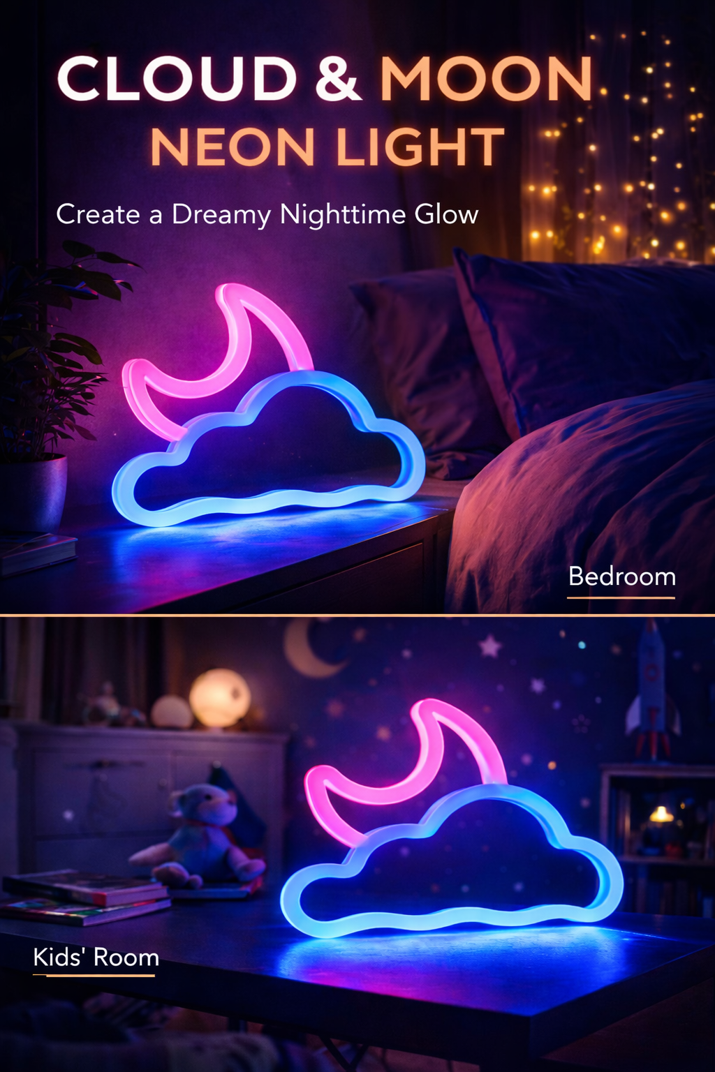 Noctua Glow™ Moon & Cloud Neon Light – Dreamy Blue & Pink Glow for Calm & Cozy Spaces